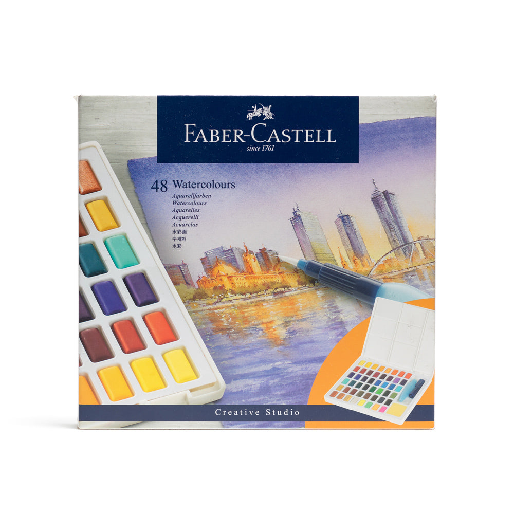 A box set of 48 Faber-Castell watercolour paint pans and fillable waterbrush.