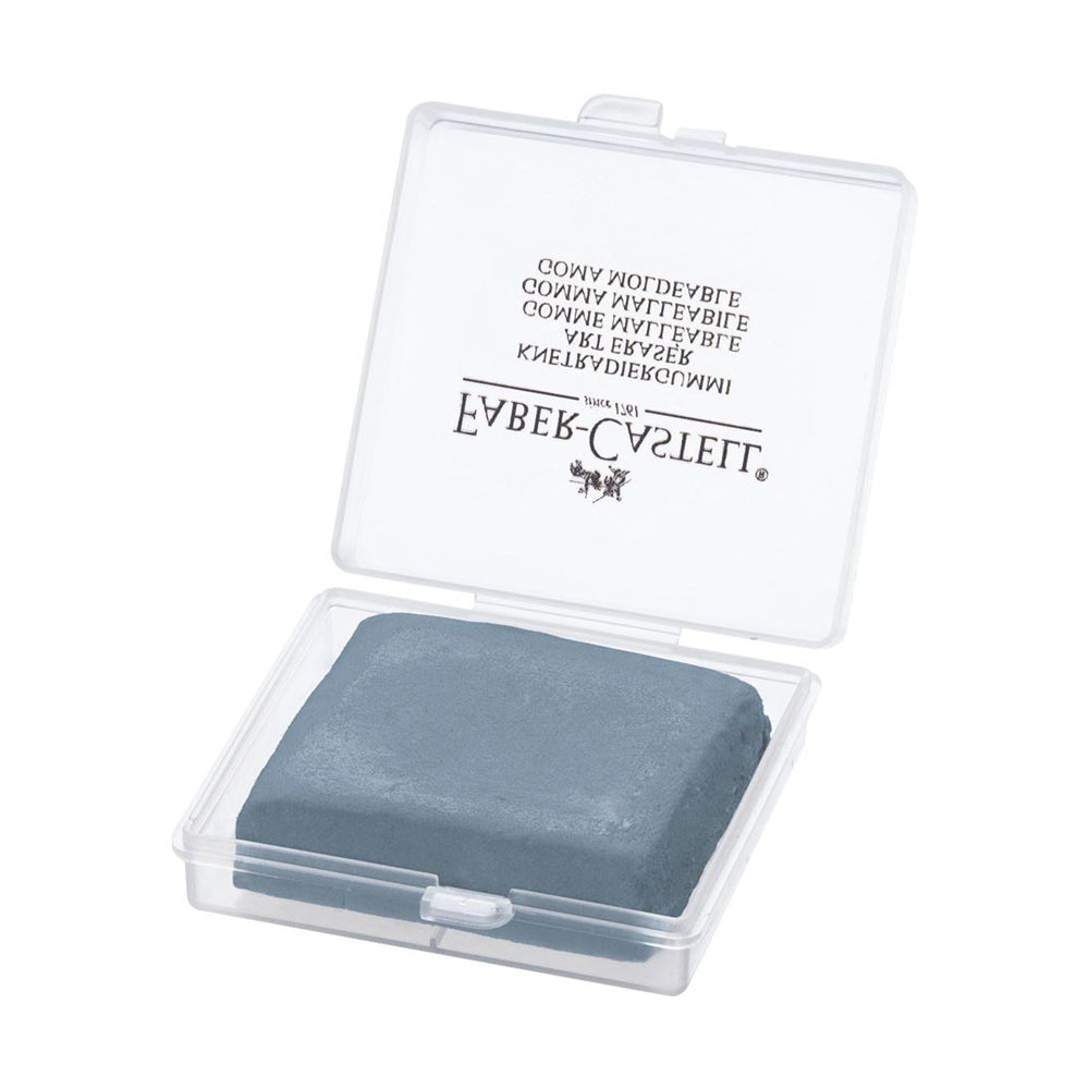A Faber-Castel grey kneadable art eraser in a protective plastic case. The case is hinged on one side with a clasp on the other.