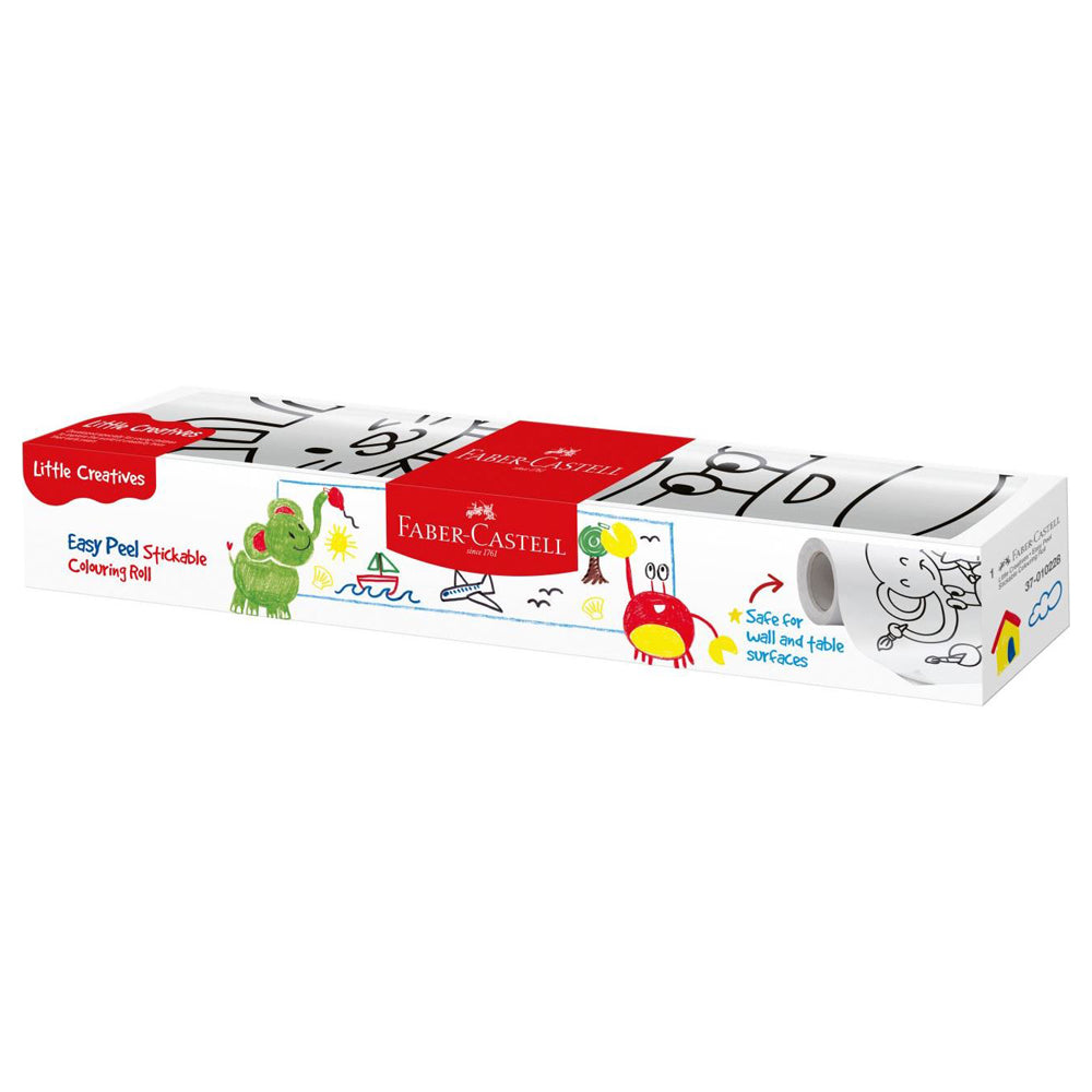 A box containing a Faber-Castell easy peel stickable colouring roll, safe for wall and table surfaces.