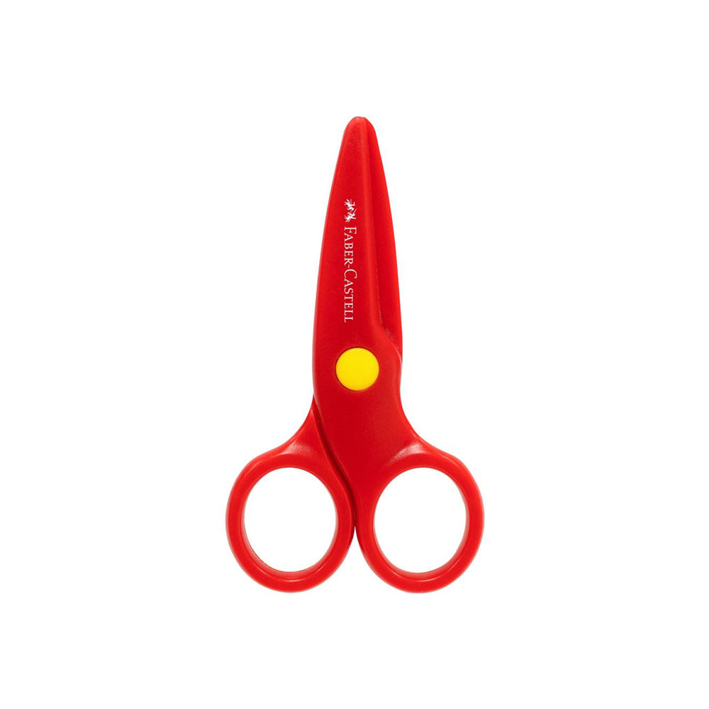 A pair of red plastic Faber-Castell playsafe scissors.