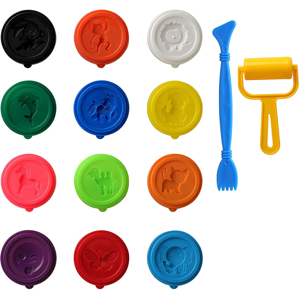 Set of 12 tubs of 50 grams of Faber-Castell super soft modelling dough with plastic knife and roller. Colours include black, bright orange, white, dark green, dark blue, yellow, bright pink, bright green, orange, purple, red and light blue. Each tub lid has a mould of a different animal.