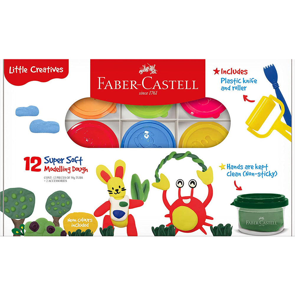 A box set of 12 tubs of 50 grams of Faber-Castell super soft modelling dough with plastic knife and roller. Neon colours included.