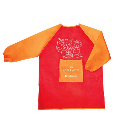 A red Faber-Castell waterproof art smock with long, orange sleeves with elastic cuffs. On the front is an illustration of animals and a square, orange pocket.