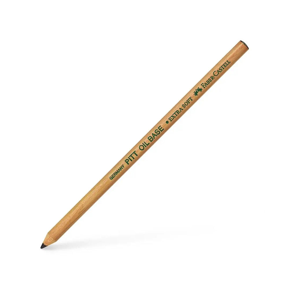 An extra-soft, black Faber-Castell PITT oil base pencil encased in wood and sharpened to a point.