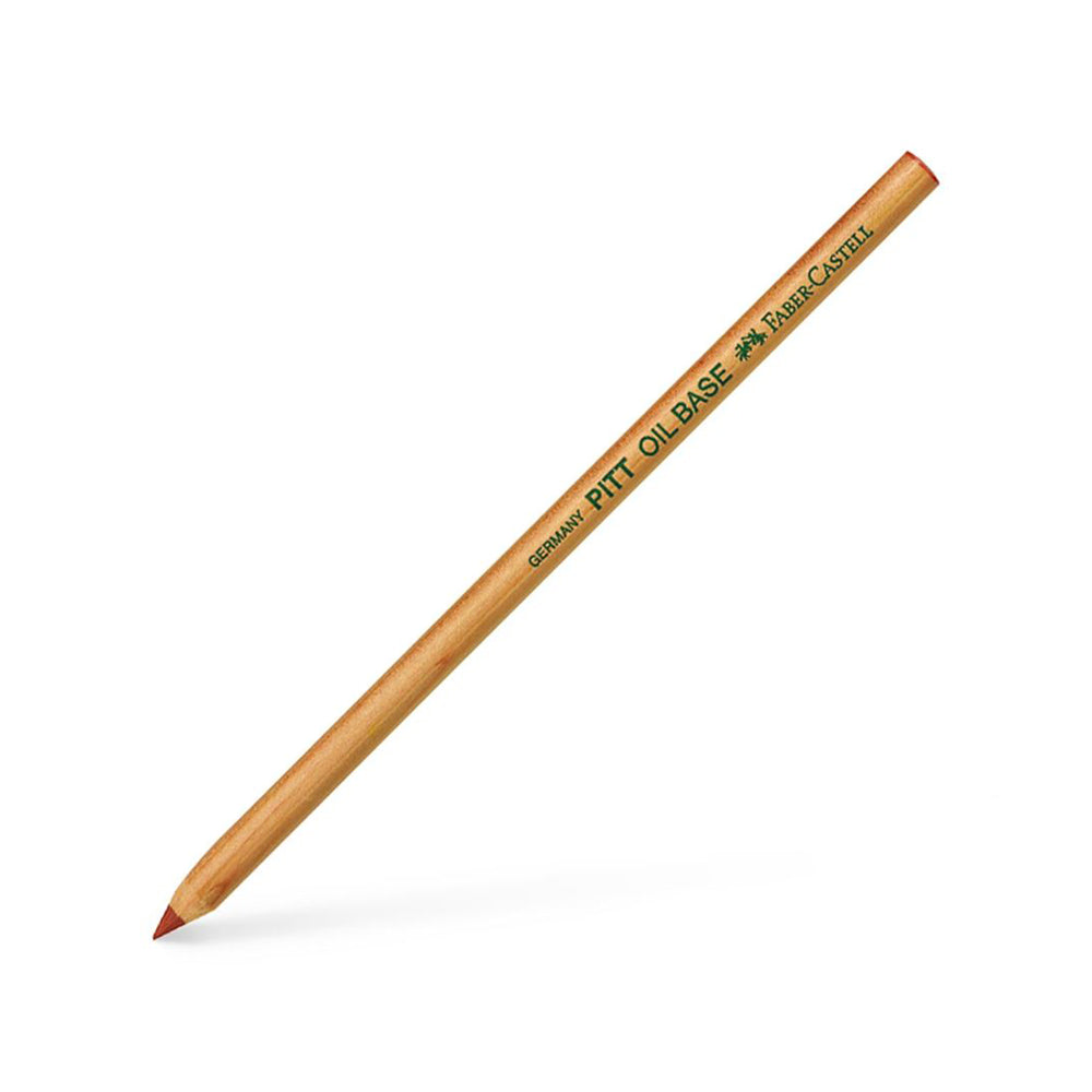 A sanguine Faber-Castell PITT oil base pencil encased in wood and sharpened to a point.