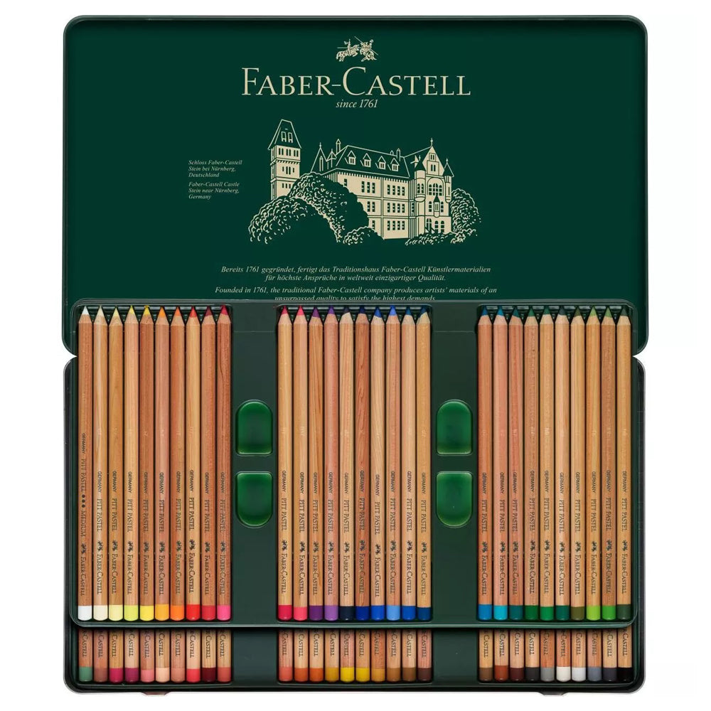 An open tin set of sharpened Faber-Castell Pitt Pastel pencils in 60 colours held in two trays of 30 pencils each.