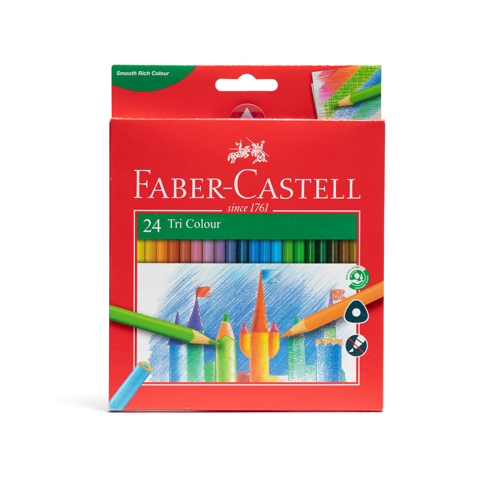 A box set of 24 Faber-Castell Tri Colour pencils with smooth rich colour. Made with wood from certified sustainable forestry.