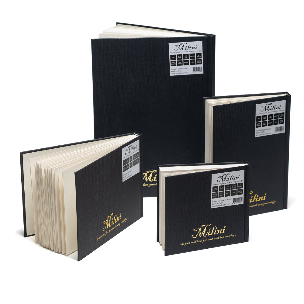 Black fabric covered hard-back Milini sketchbooks with cream coloured pages in a range of sizes. The Milini logo is stamped in metallic foil on the back outside cover.