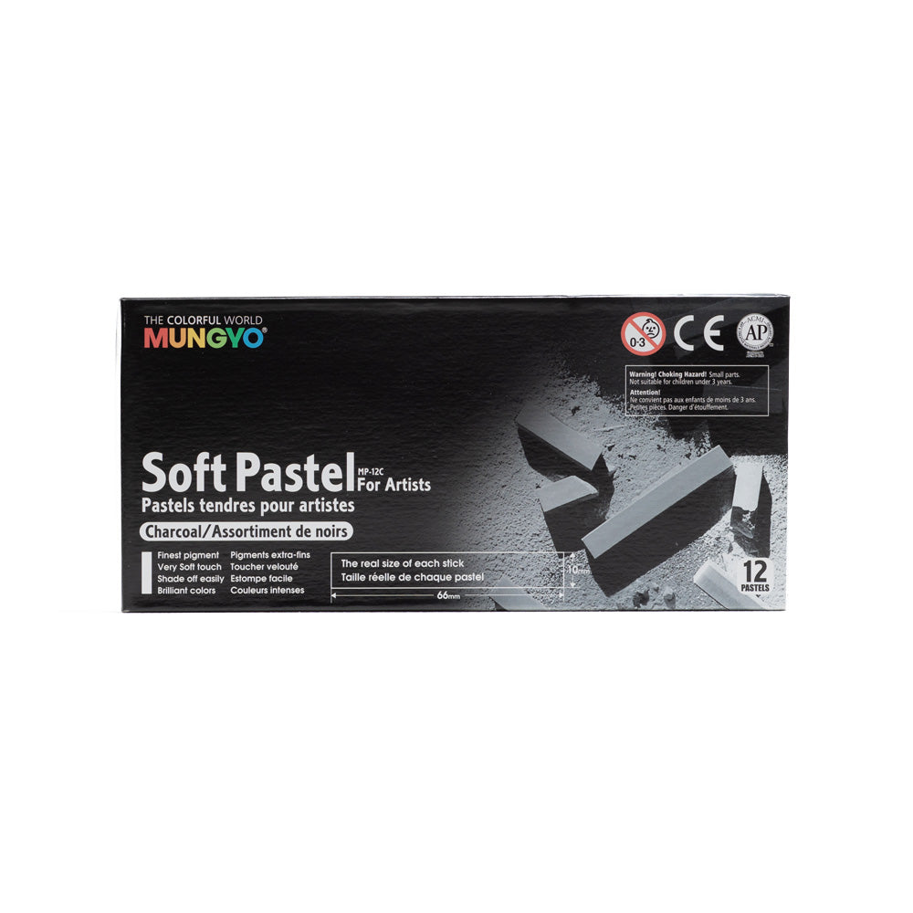 A box of 12 Mungyo Soft Pastels for artists in charcoal. The size of each stick is 66 by 10 millimetres.