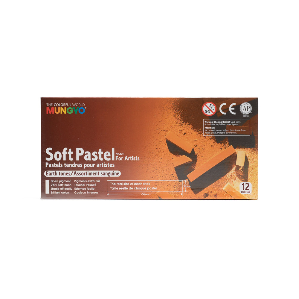A box of 12 Mungyo Soft Pastels for artists in earth tones. The size of each stick is 66 by 10 millimetres.