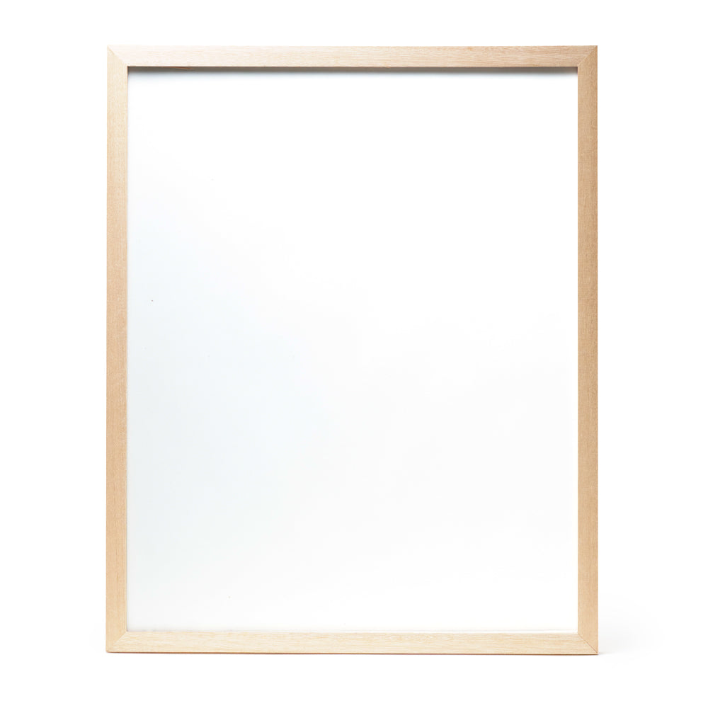 A wooden frame with natural stain finish.