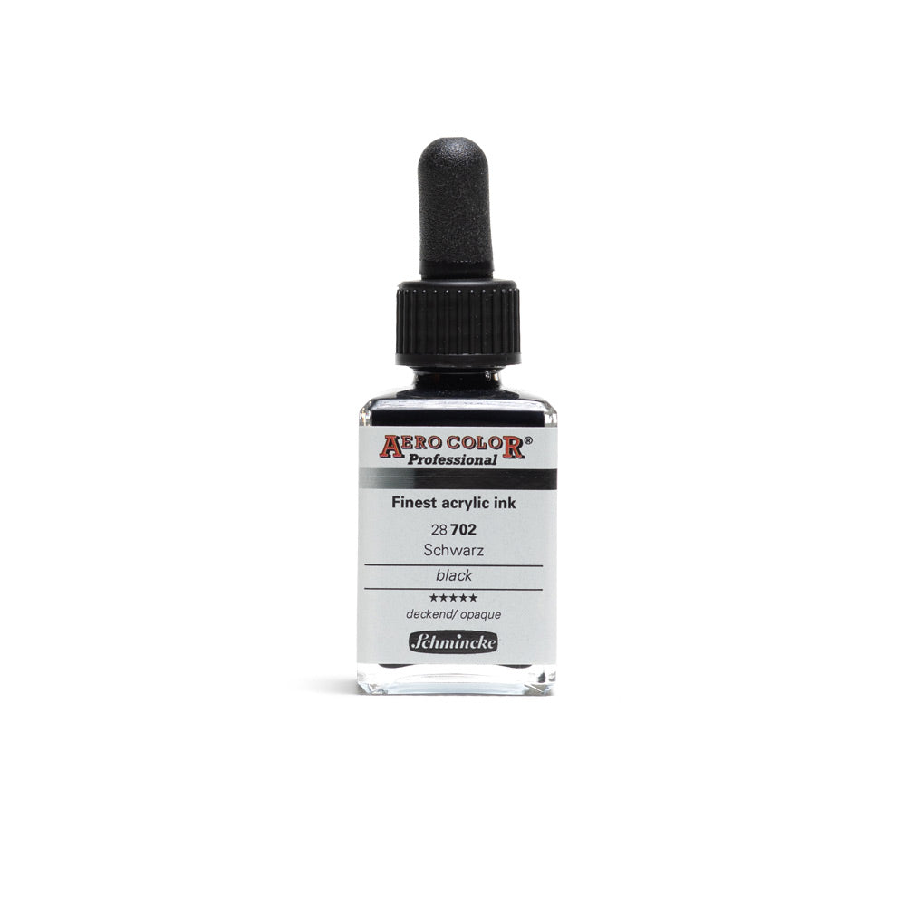A 28 millilitre bottle of Schmincke Aero Color Professional finest acrylic ink in black. The bottle comes with a pipette dropper lid.