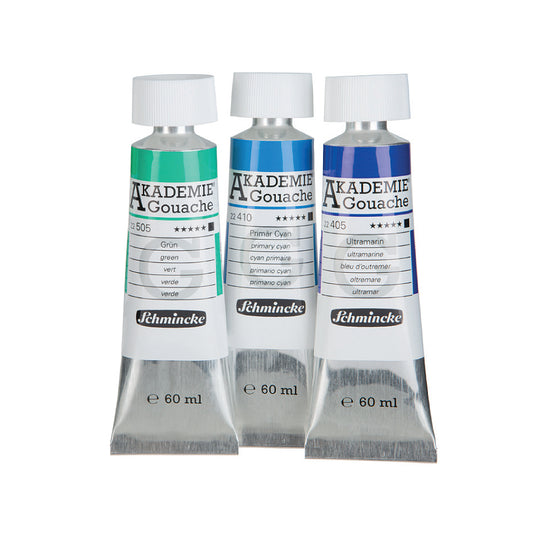 60 millilitre tubes of Schmincke Akademie Gouache in green, primary cyan and ultramarine.