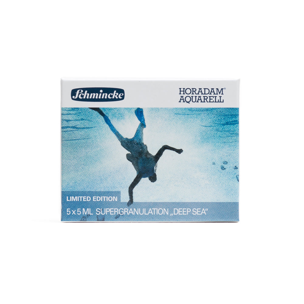 A limited edition box set of Schmincke Horadam Supergranulation Watercolours in deep sea colours. 5 tubes of 5 millilitres.