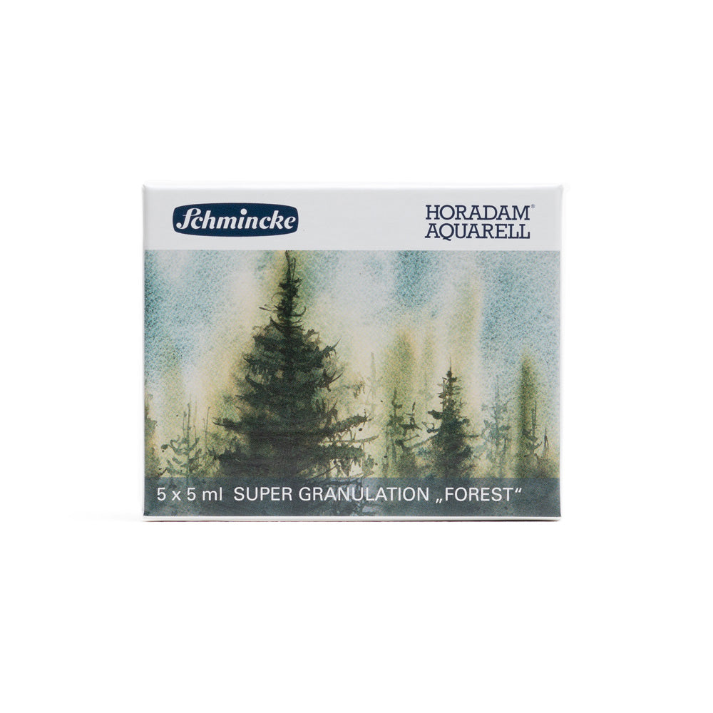 A limited edition box set of Schmincke Horadam Supergranulation Watercolours in forest colours. 5 tubes of 5 millilitres.