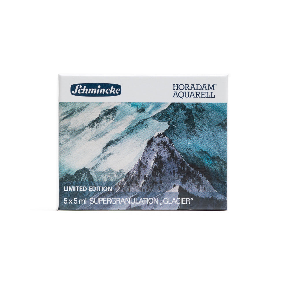 A limited edition box set of Schmincke Horadam Supergranulation Watercolours in glacier colours. 5 tubes of 5 millilitres.