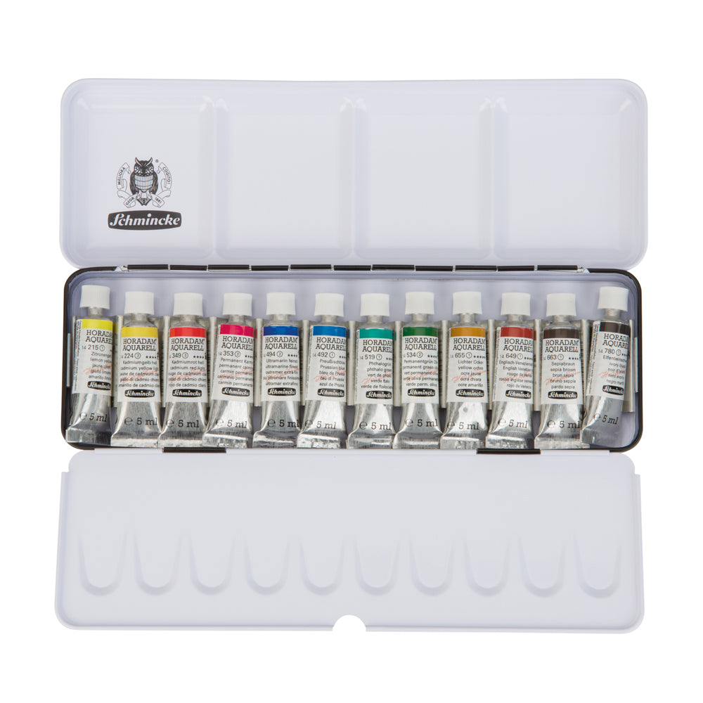 An open tin with hinged lid containing 12 watercolours in 5 millilitre tubes.