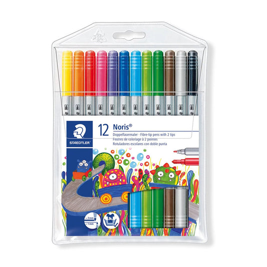 A packet of 12 Noris double ended fibre-tip pens in assorted colours. One end is approximately 3 millimetre wide, the other is approximately 1 millimetre wide.