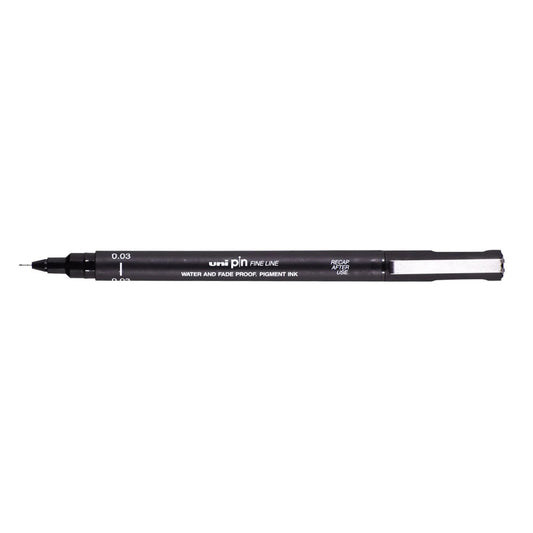 A black, 0.03 millimetre width tip Uni Pin fine line pen with clip lid.