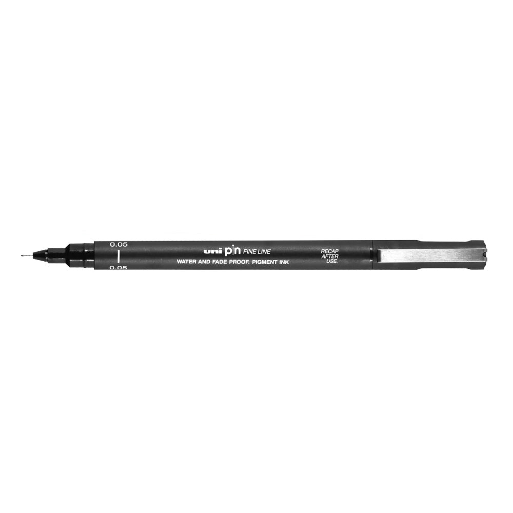A black, 0.05 millimetre width tip Uni Pin fine line pen with clip lid.