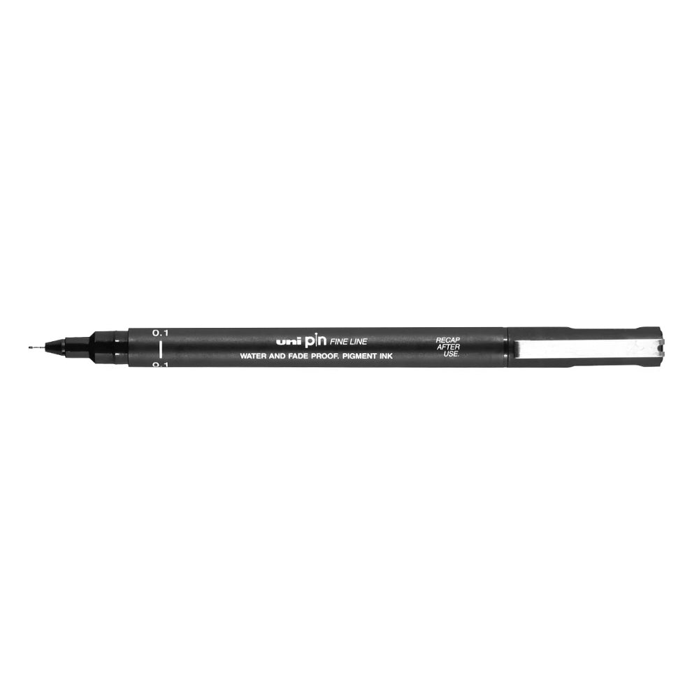 A black, 0.1 millimetre width tip Uni Pin fine line pen with clip lid.