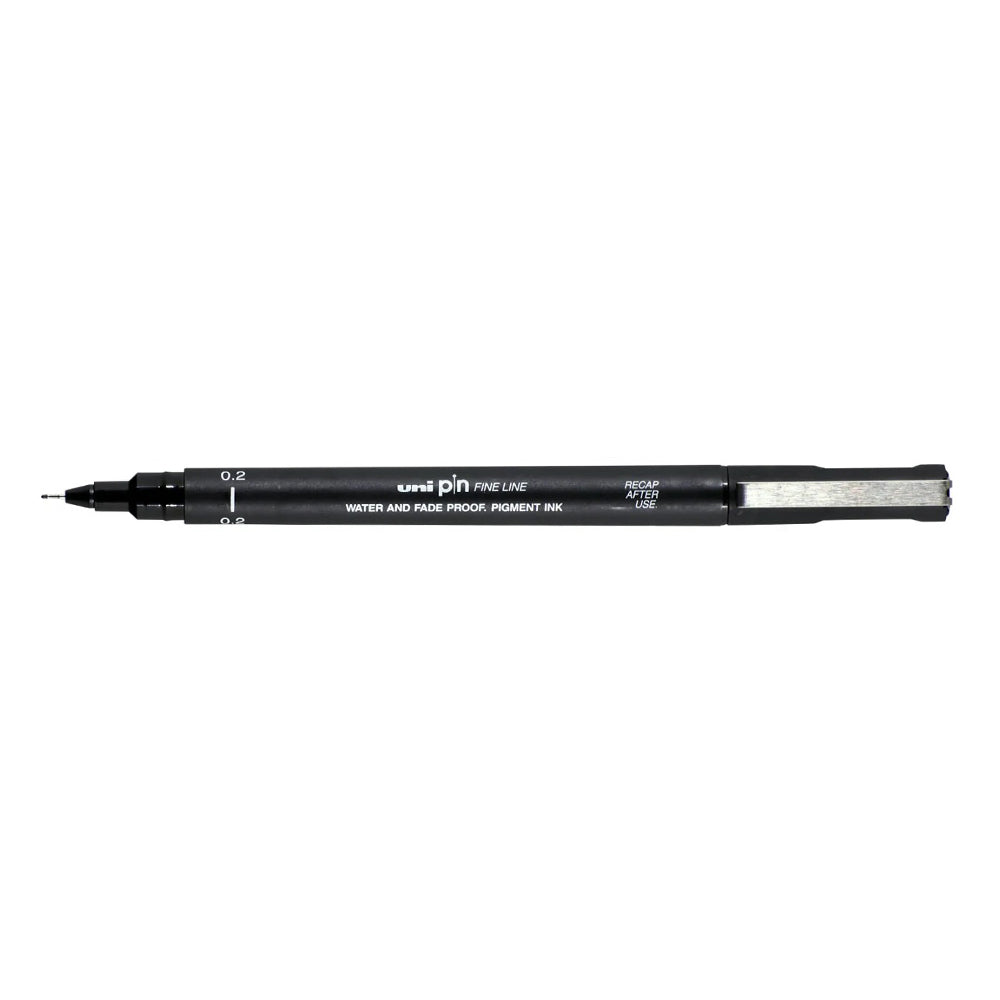 A black, 0.2 millimetre width tip Uni Pin fine line pen with clip lid.