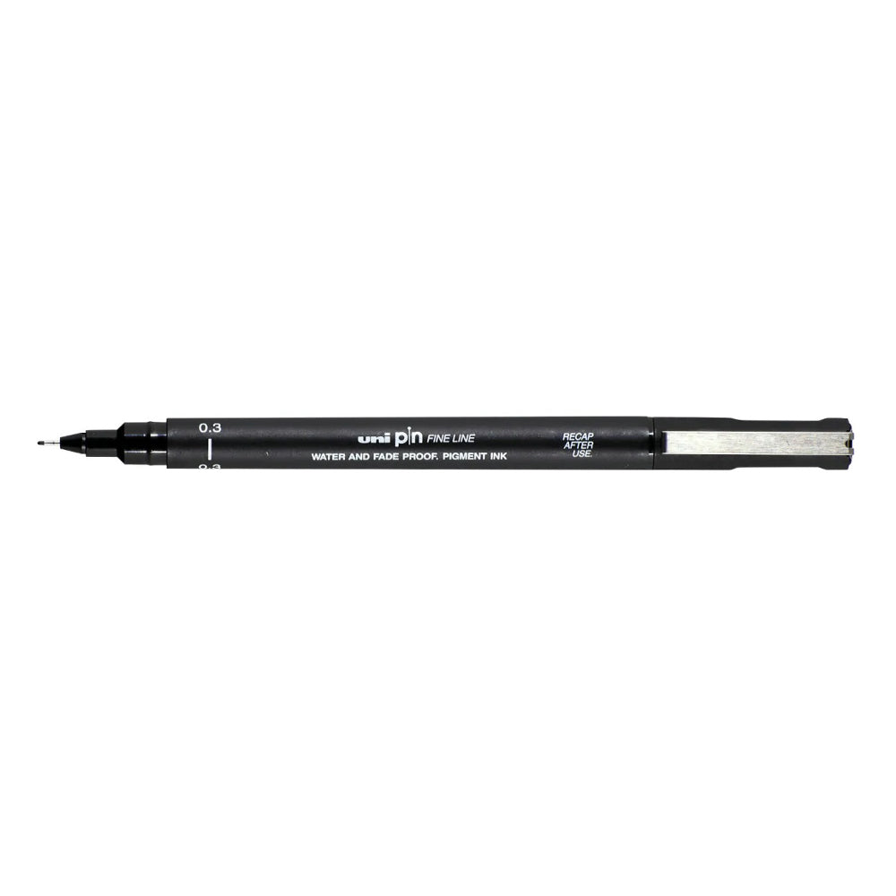 A black, 0.3 millimetre width tip Uni Pin fine line pen with clip lid.