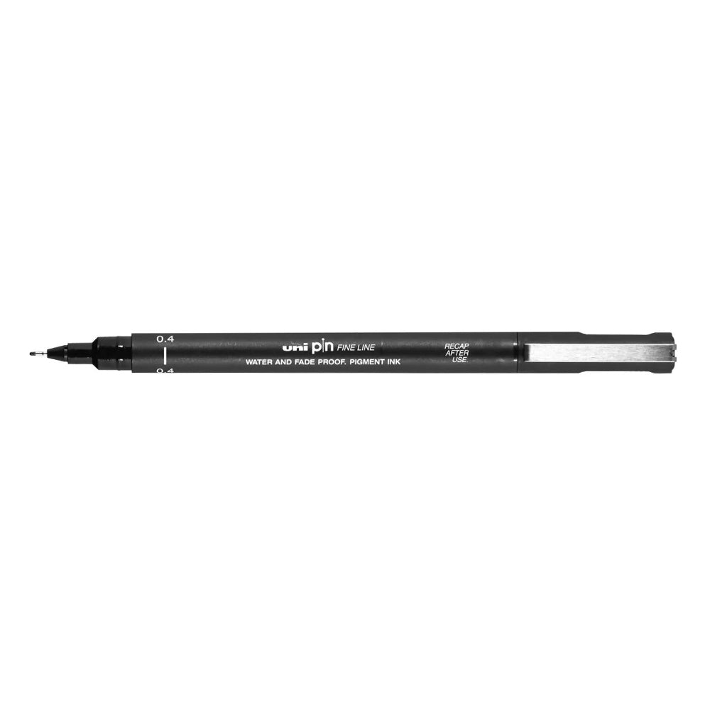 A black, 0.4 millimetre width tip Uni Pin fine line pen with clip lid.