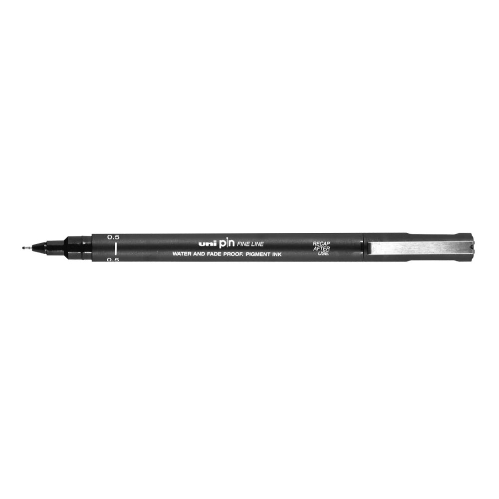 A black, 0.5 millimetre width tip Uni Pin fine line pen with clip lid.