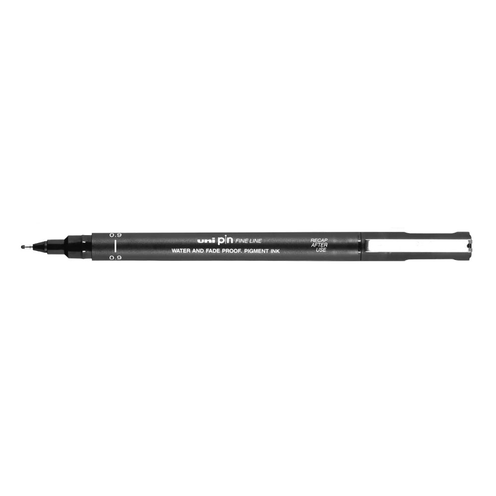 A black, 0.9 millimetre width tip Uni Pin fine line pen with clip lid.