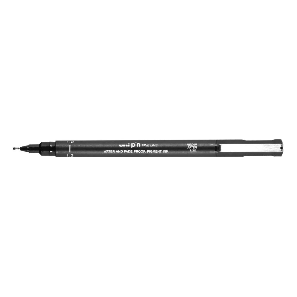 A black, 1.2 millimetre width tip Uni Pin fine line pen with clip lid.