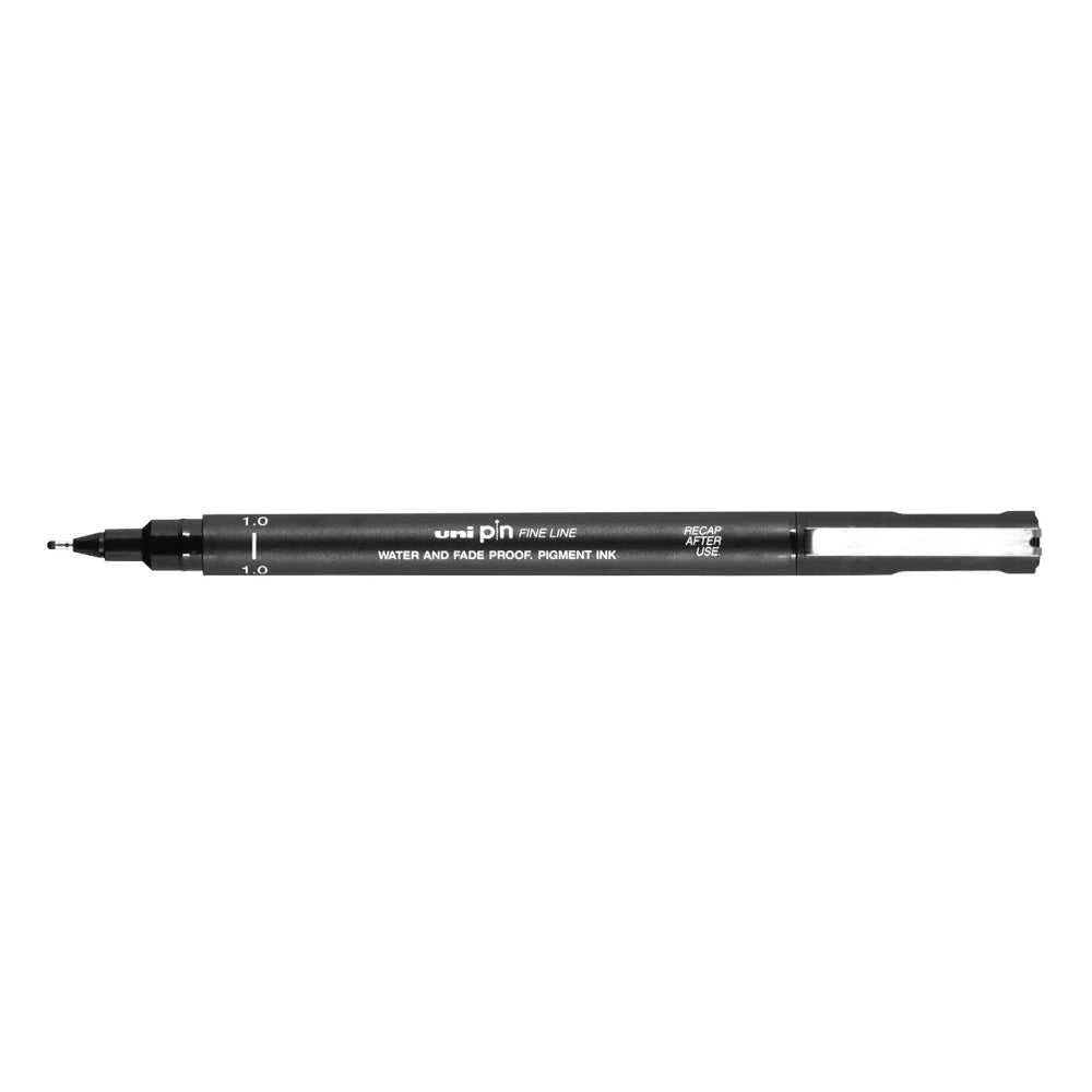 A black, 1.0 millimetre width tip Uni Pin fine line pen with clip lid.