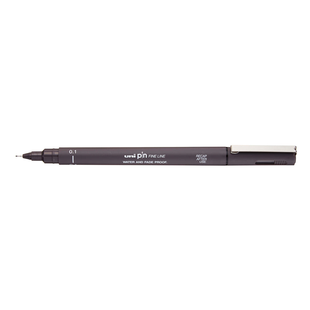 A dark grey, 0.1 millimetre width tip Uni Pin fine line pen with clip lid.