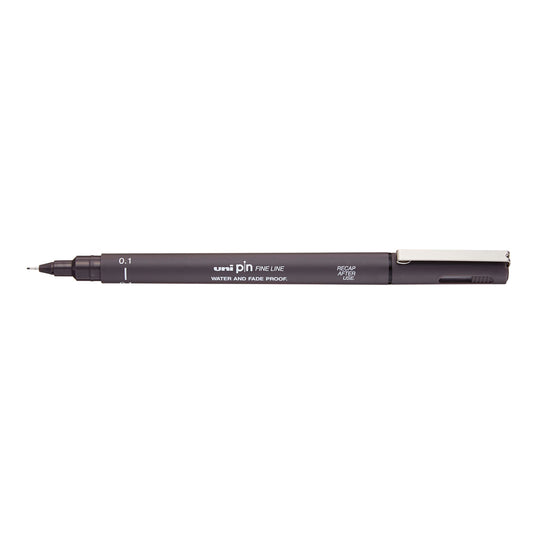 A dark grey, 0.1 millimetre width tip Uni Pin fine line pen with clip lid.