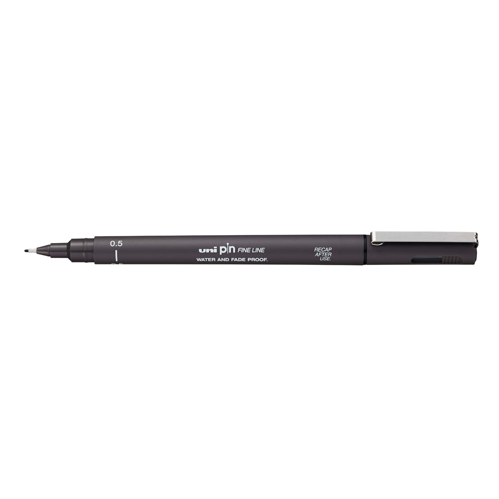 A dark grey, 0.5 millimetre width tip Uni Pin fine line pen with clip lid.