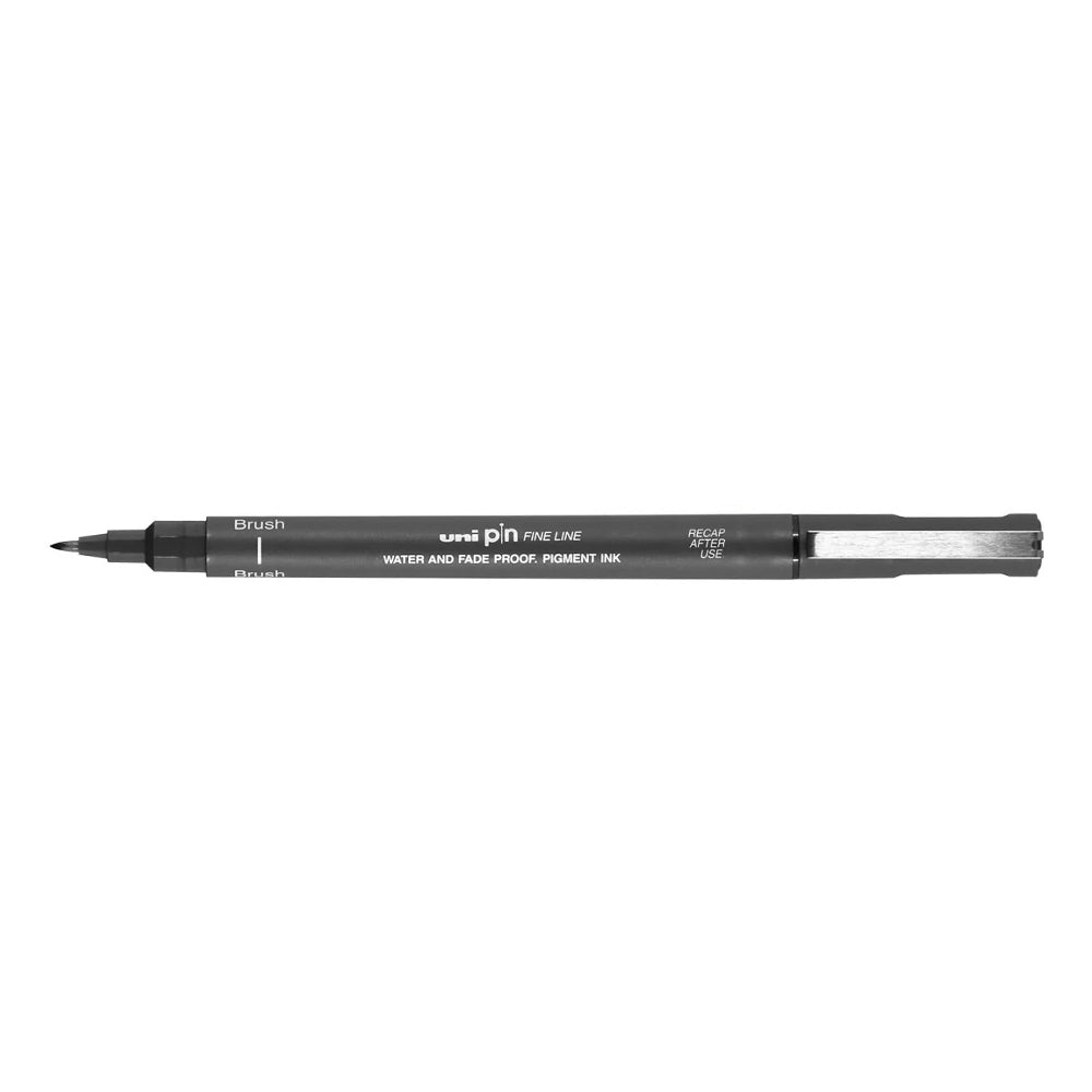 A dark grey, brush tip Uni Pin fine line pen with clip lid.