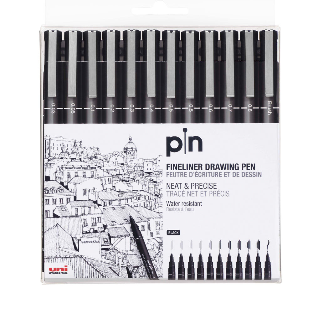 A wallet set of 12 Uni Pin fine line pens in assorted tip widths - 0.03 millimetres, 0.5 millimetres, 0.1 millimetres, 0.2 millimetres, 0.3 millimetres, 0.4 millimetres, 0.5 millimetres, 0.6 millimetres, 0.7 millimetres, 0.8 millimetres and a brush tip.