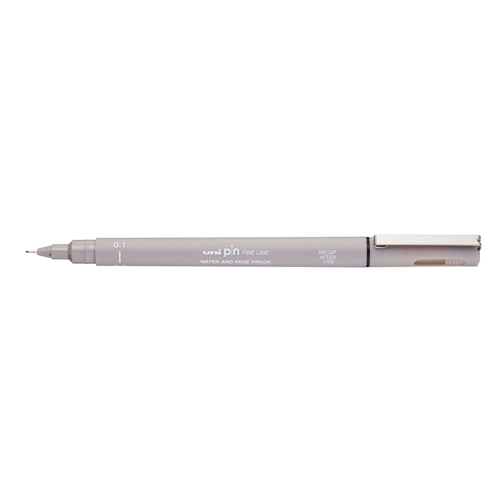 A light grey, 0.1 millimetre width tip Uni Pin fine line pen with clip lid.