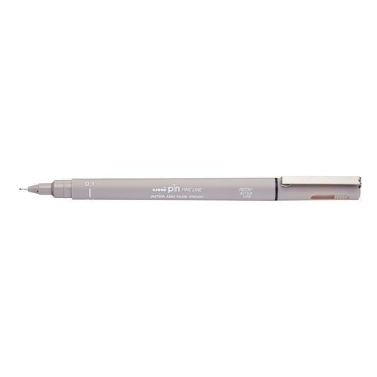 A light grey, 0.1 millimetre width tip Uni Pin fine line pen with clip lid.