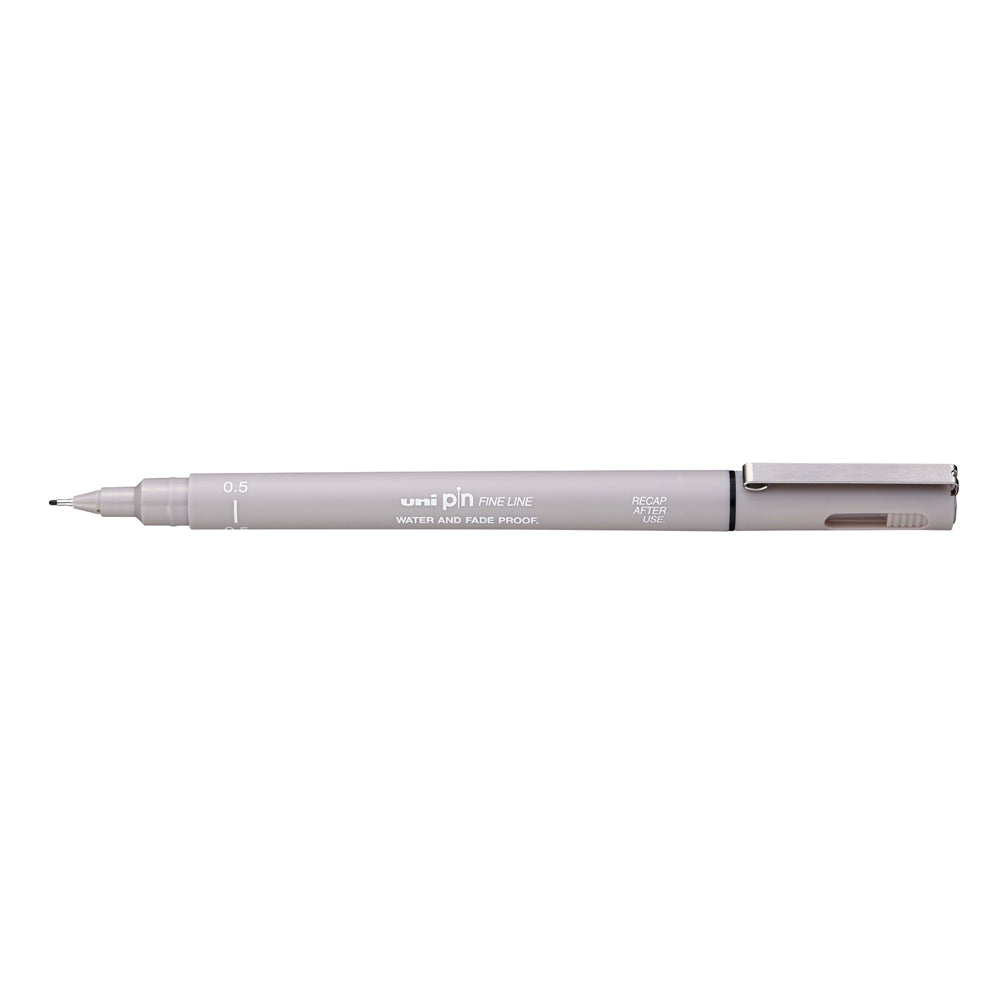 A light grey, 0.5 millimetre width tip Uni Pin fine line pen with clip lid.
