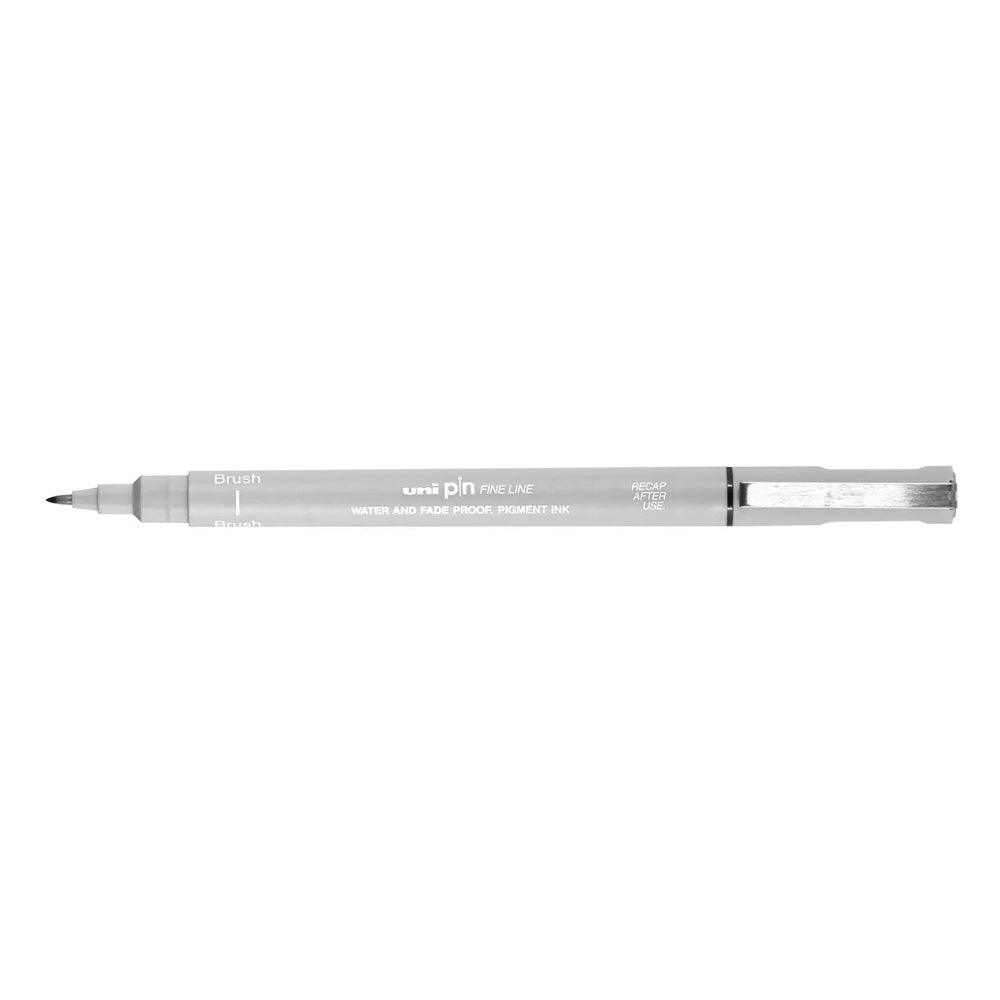 A light grey, brush tip Uni Pin fine line pen with clip lid.