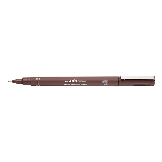 A sepia, 0.1 millimetre width tip Uni Pin fine line pen with clip lid.