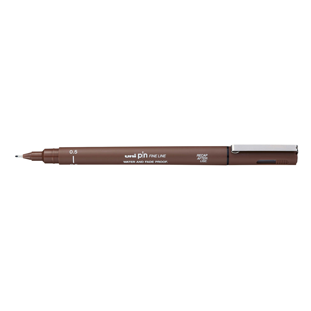A sepia, 0.5 millimetre width tip Uni Pin fine line pen with clip lid.