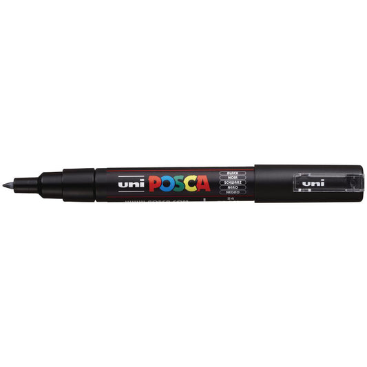 A black Uni Posca PC-1M extra fine bullet tip marker with clip lid.
