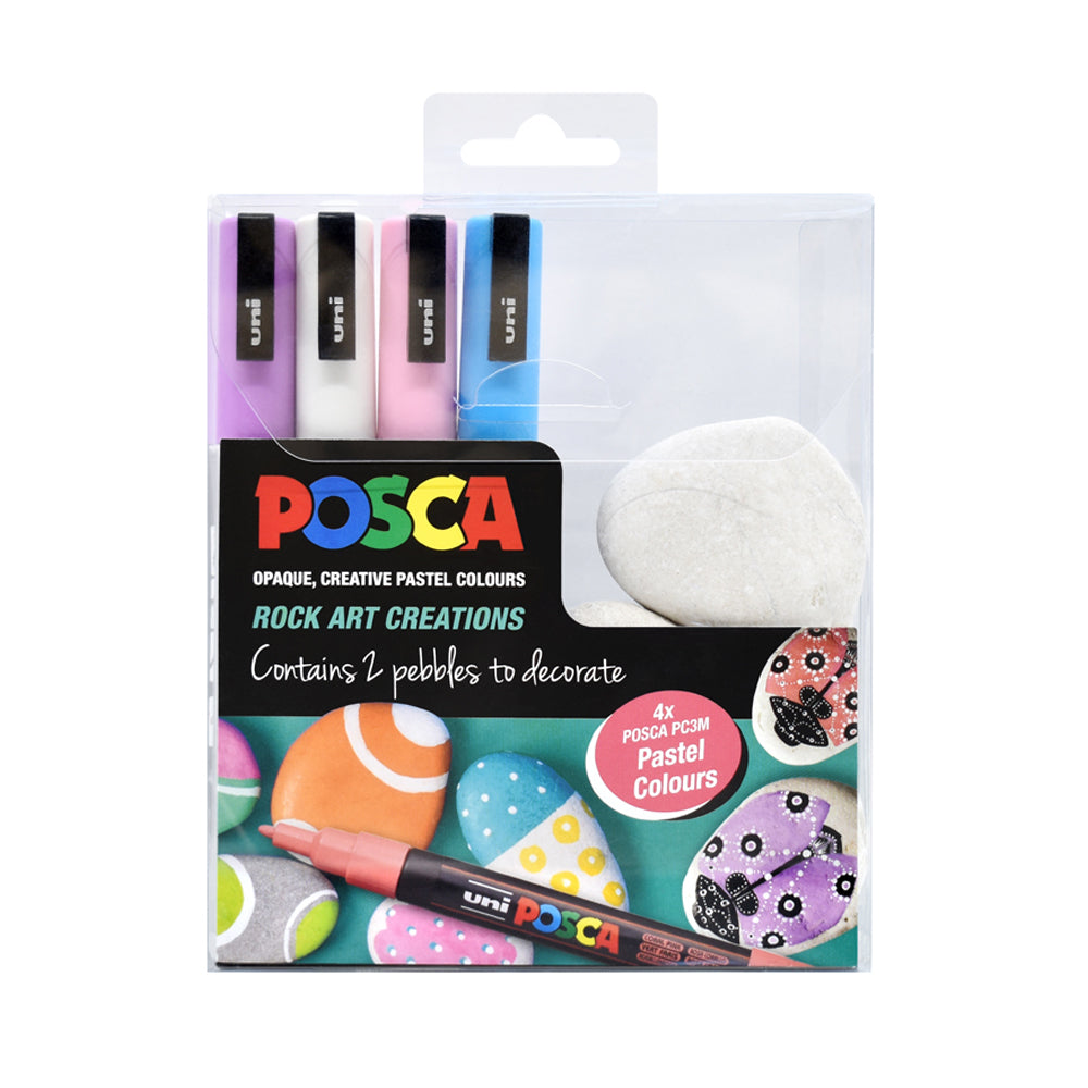 A set of 4 pastel colours of Uni Posca PC-3M fine tip markers with 2 white pebbles to decorate.
