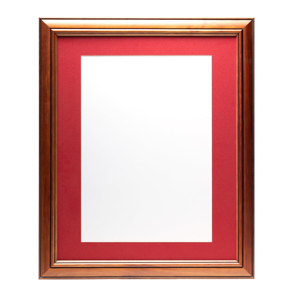 A wooden frame with walnut stain finish, bevelled edges and a bright red pre-cut framing matt.