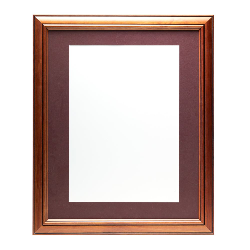 A wooden frame with walnut stain finish, bevelled edges and a burgundy red pre-cut framing matt.