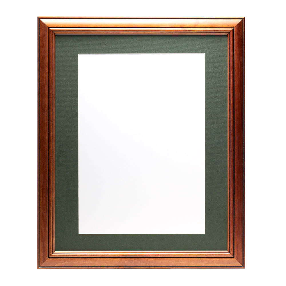 A wooden frame with walnut stain finish, bevelled edges and a dark green pre-cut framing matt.