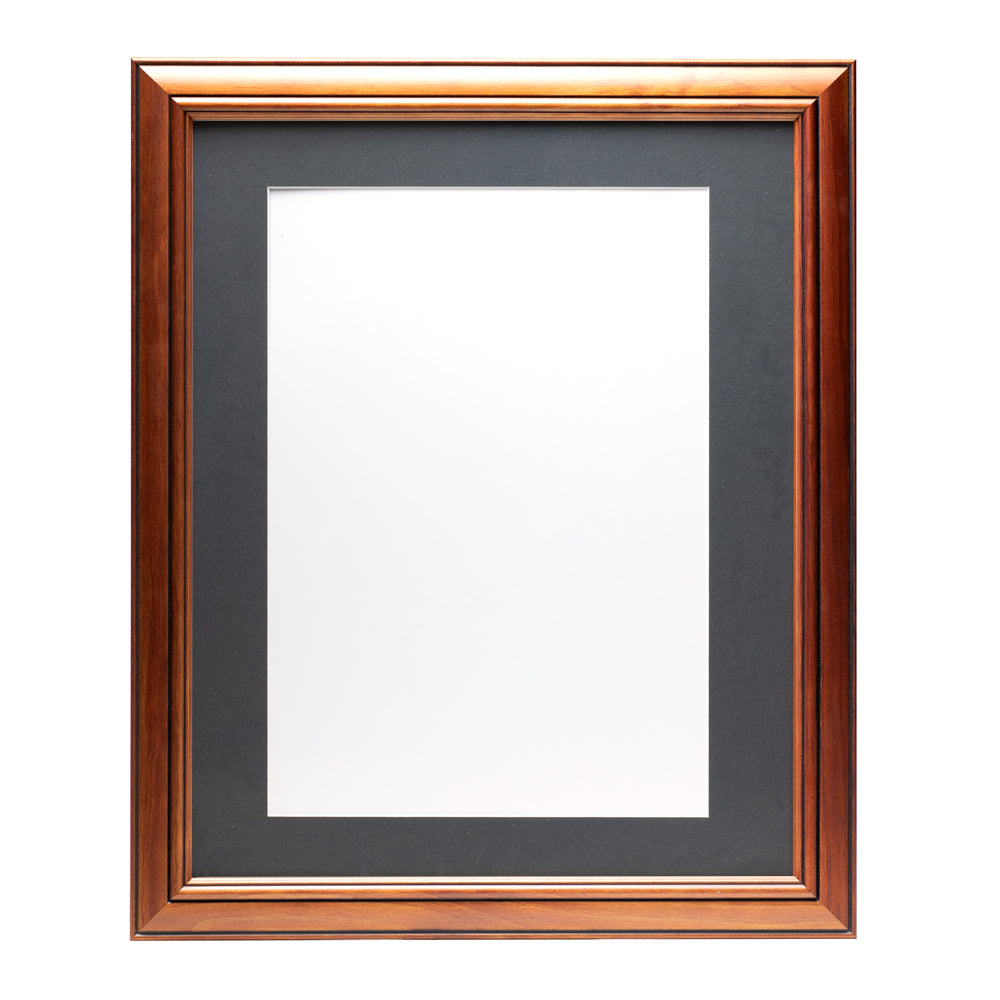 A wooden frame with walnut stain finish, bevelled edges and a dark grey pre-cut framing matt.