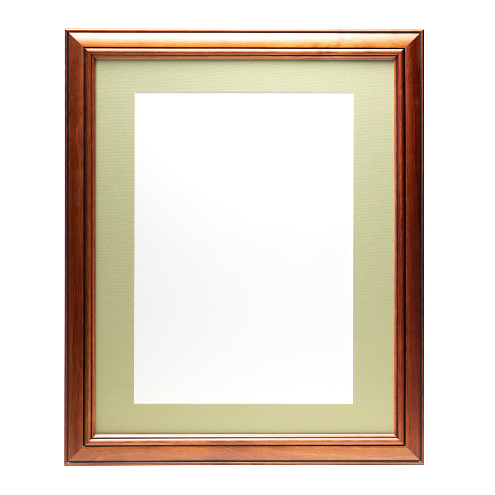 A wooden frame with walnut stain finish, bevelled edges and a light green pre-cut framing matt.